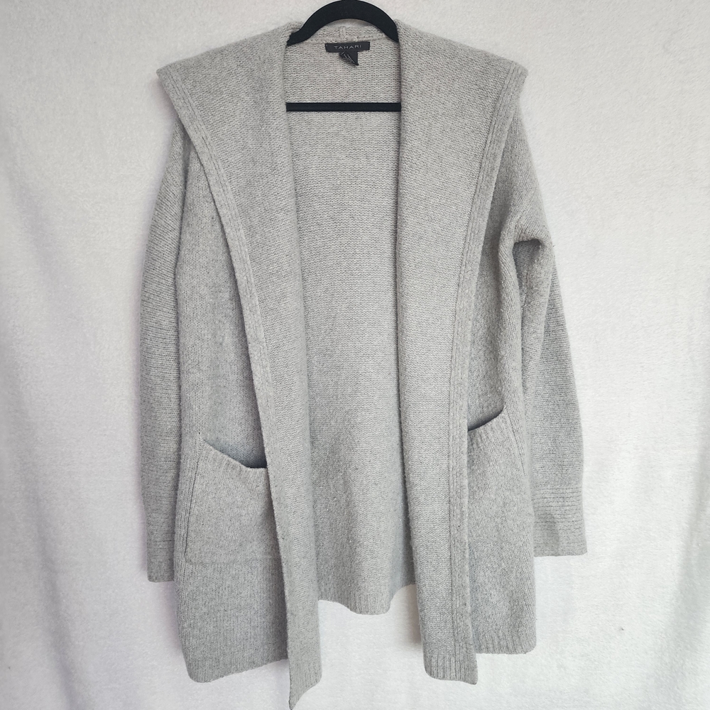 TAHARI Size S Grey Hooded Cardigan Thick Wool Blend Long Sleeve w/ 2 Pockets